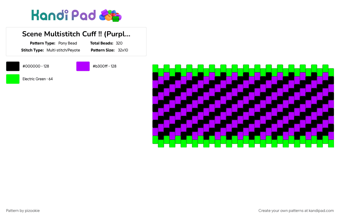Scene Multistitch Cuff !! (Purple, Green, Black) - Pony Bead Pattern by pizookie on Kandi Pad - colorful, cotdscenekidfashion, emo, green, multistitch, neon, purple, scene, scene kid, scenecore