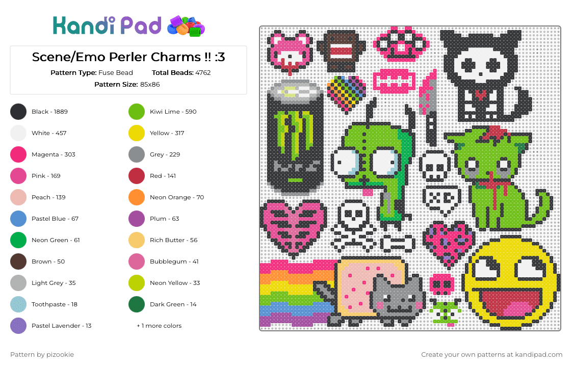 Scene/Emo Perler Charms !! :3 - Fuse Bead Pattern by pizookie on Kandi Pad - 2000s, black, colorful, emo, green, myspace, pink, rainbow, scene, scene kid, scenecore, yellow