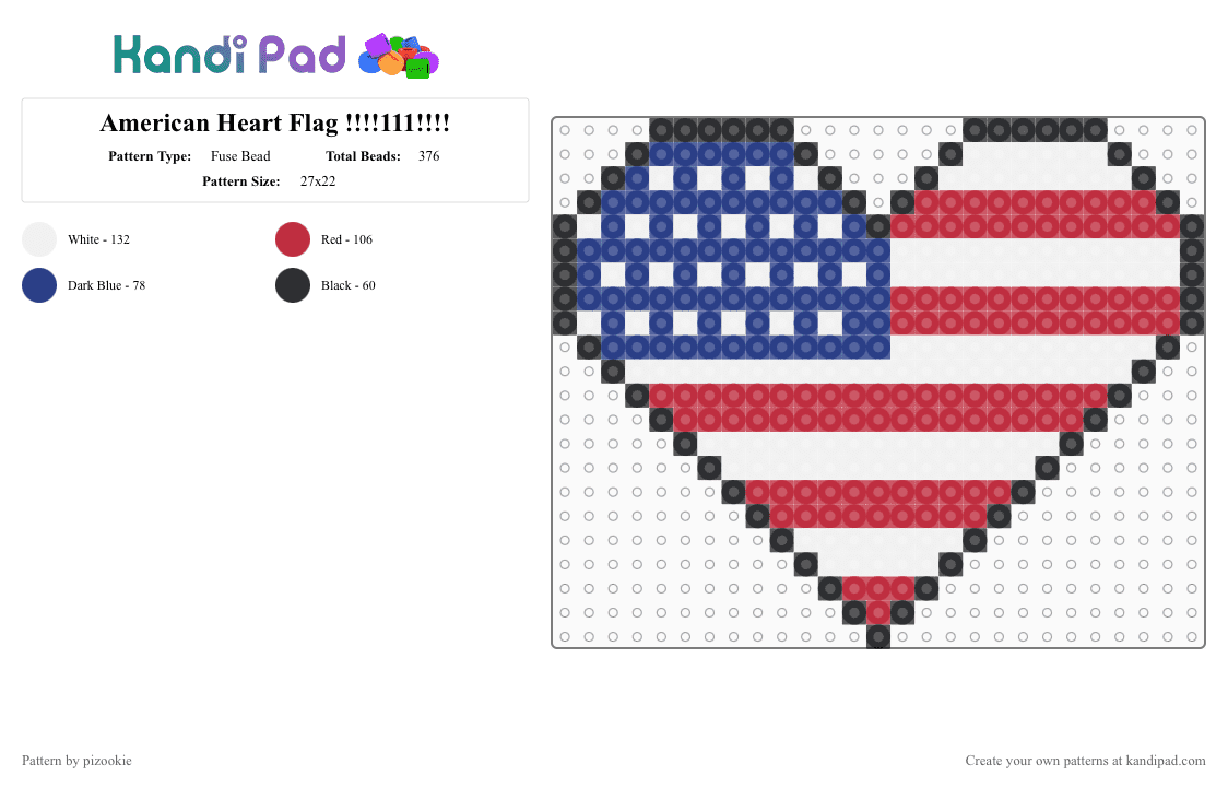 American Heart Flag !!!!111!!!! - Fuse Bead Pattern by pizookie on Kandi Pad - red,blue,cotdindependencedayusa2026,america,heart,love,usa,independence day,4th of july,flag