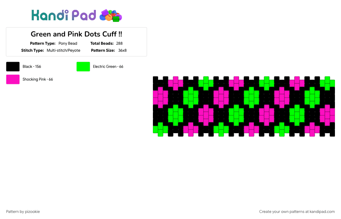 Green and Pink Dots Cuff !! - Pony Bead Pattern by pizookie on Kandi Pad - colorful, cotddots, emo, green, neon, pink, scene, scene kid, scenecore