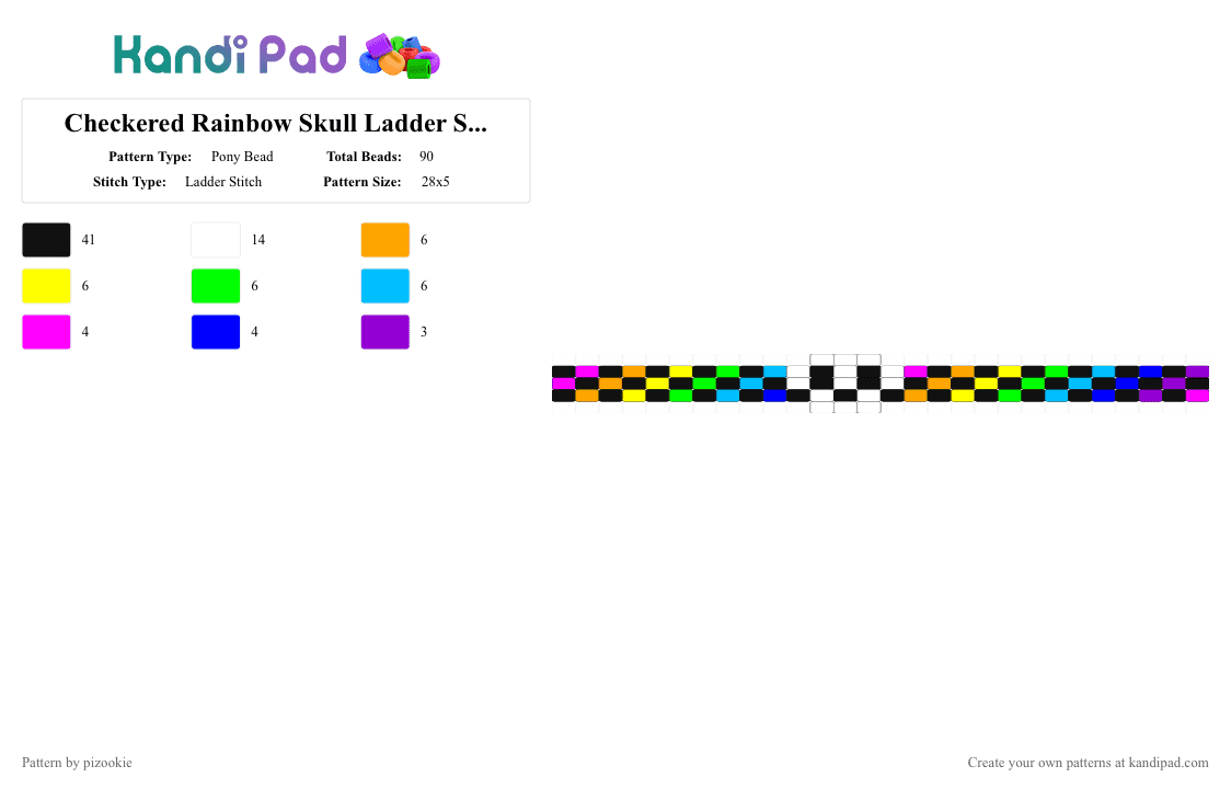Checkered Rainbow Skull Ladder Stitch cuff 1!!1!1!1!!!! x3 - Pony Bead Pattern by pizookie on Kandi Pad - black,yellow,light blue,colorful,skull,neon,scene,scenecore,scene kid,emo,spooky