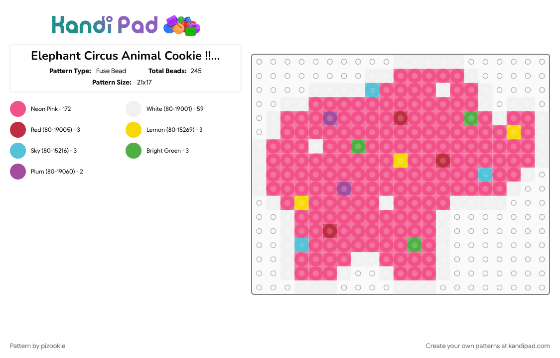 Elephant Circus Animal Cookie !! (Ver.2) - Fuse Bead Pattern by pizookie on Kandi Pad - 2000s, animals, colorful, cotdelephants, food, kidcore, nostalgia, nostalgic, pink