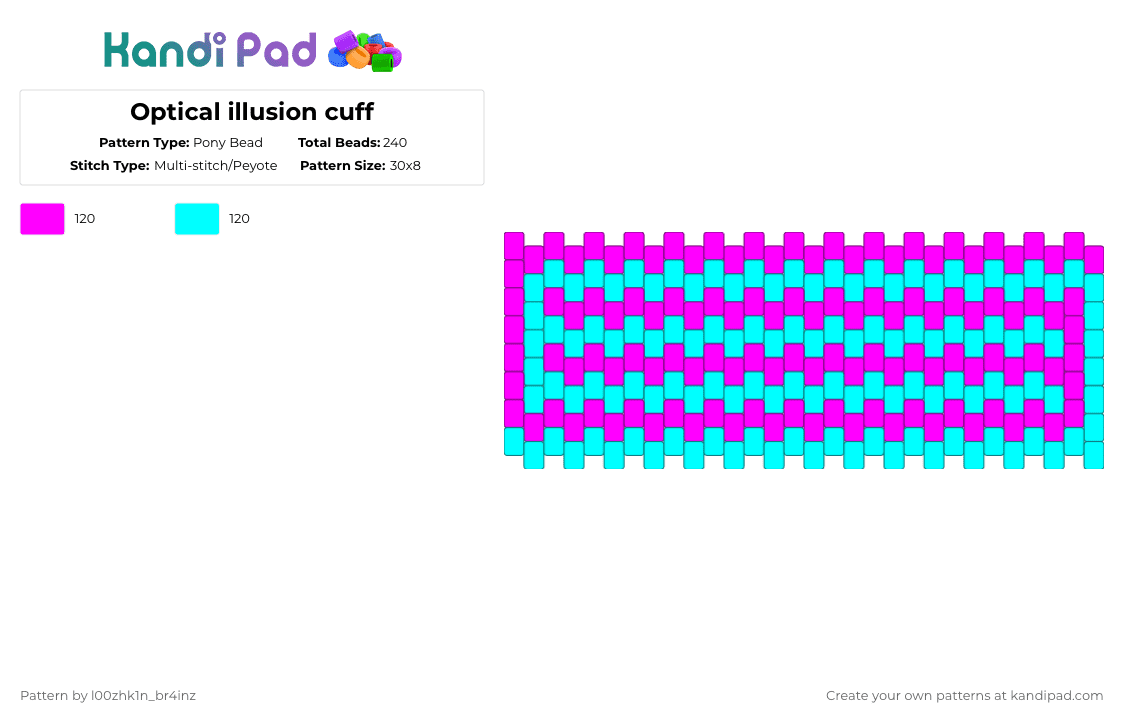 Optical illusion cuff - Pony Bead Pattern by pizookie on Kandi Pad - pink,light blue,blue,optical illusion,optical illusions