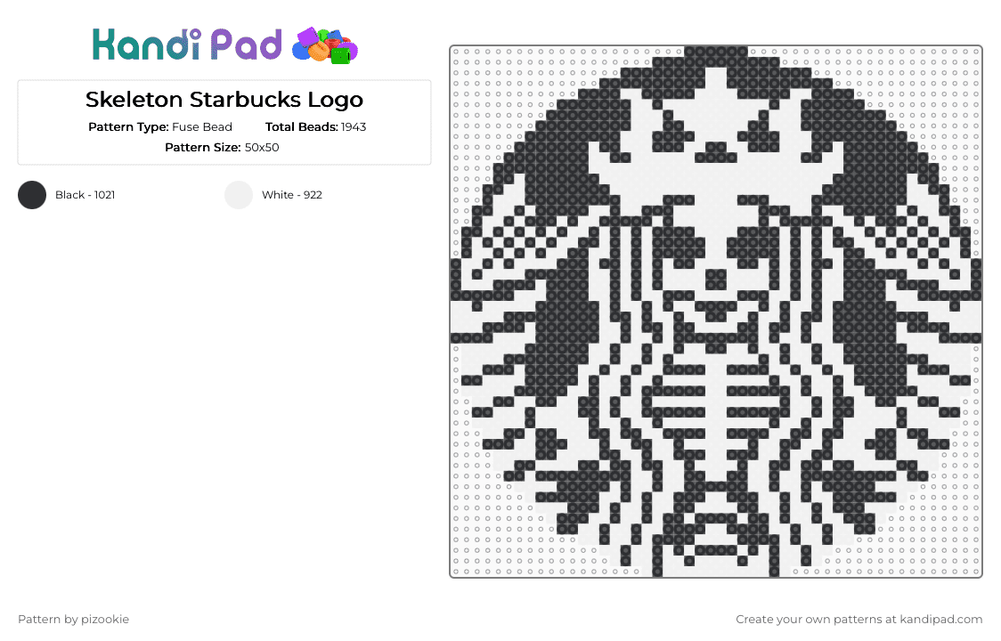 Skeleton Starbucks Logo - Fuse Bead Pattern by pizookie on Kandi Pad - black,white,cotdcoffeeshops,emo,scene,scenecore,scene kid,halloween,holiday