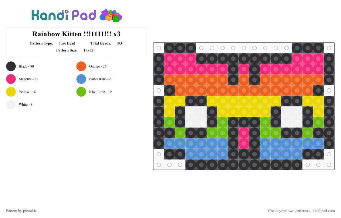 Rainbow Kitten !!!1111!!! x3 - Fuse Bead Pattern by pizookie on Kandi Pad - black, cat, colorful, emo, neon, orange, scene, scene kid, scenecore, silly, yellow