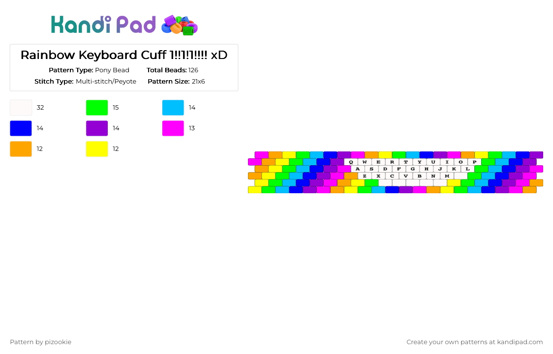 Rainbow Keyboard Cuff 1!!1!1!!!! xD - Pony Bead Pattern by pizookie on Kandi Pad - green,purple,rainbow,colorful,neon,scene,peyote stitch,scenecore,scene kid,emo