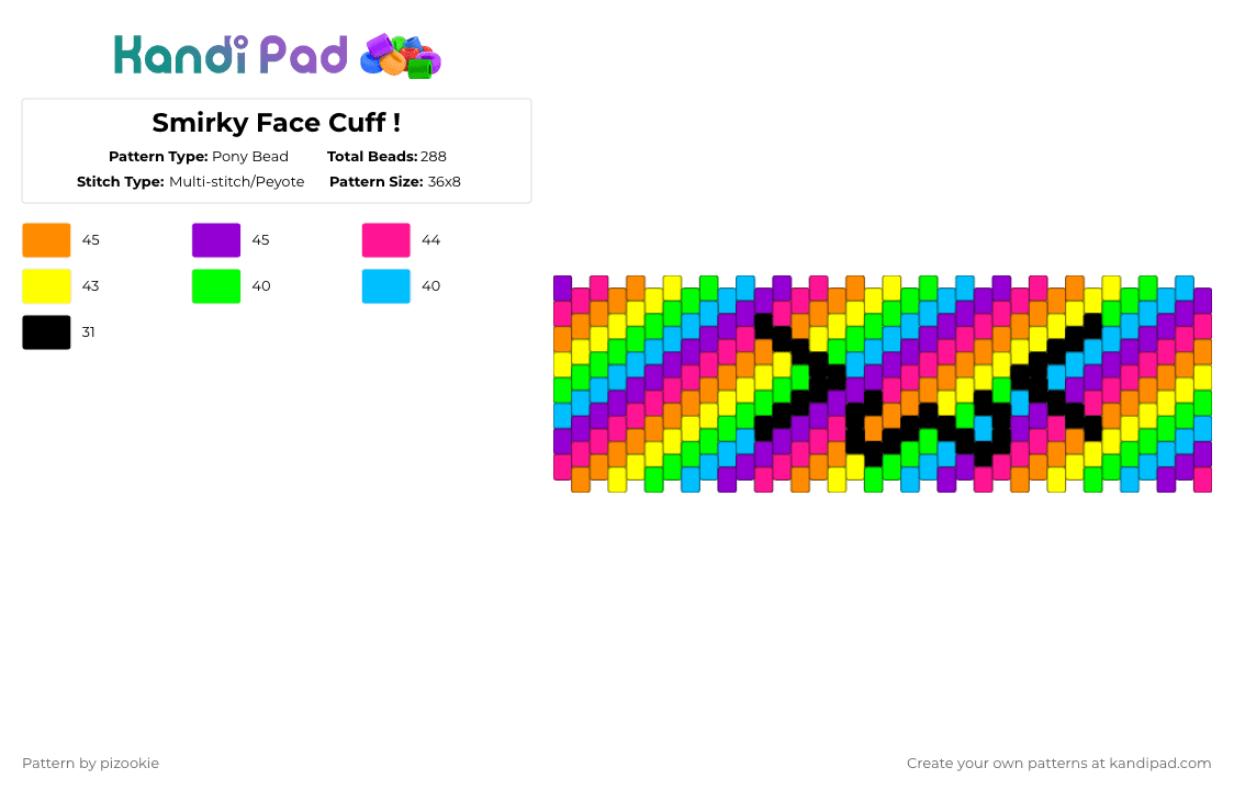 Smirky Face Cuff ! - Pony Bead Pattern by pizookie on Kandi Pad - orange,green,purple,colorful,rainbow,cuff,multistitch,scene,emo,scenemo,kawaii,cute