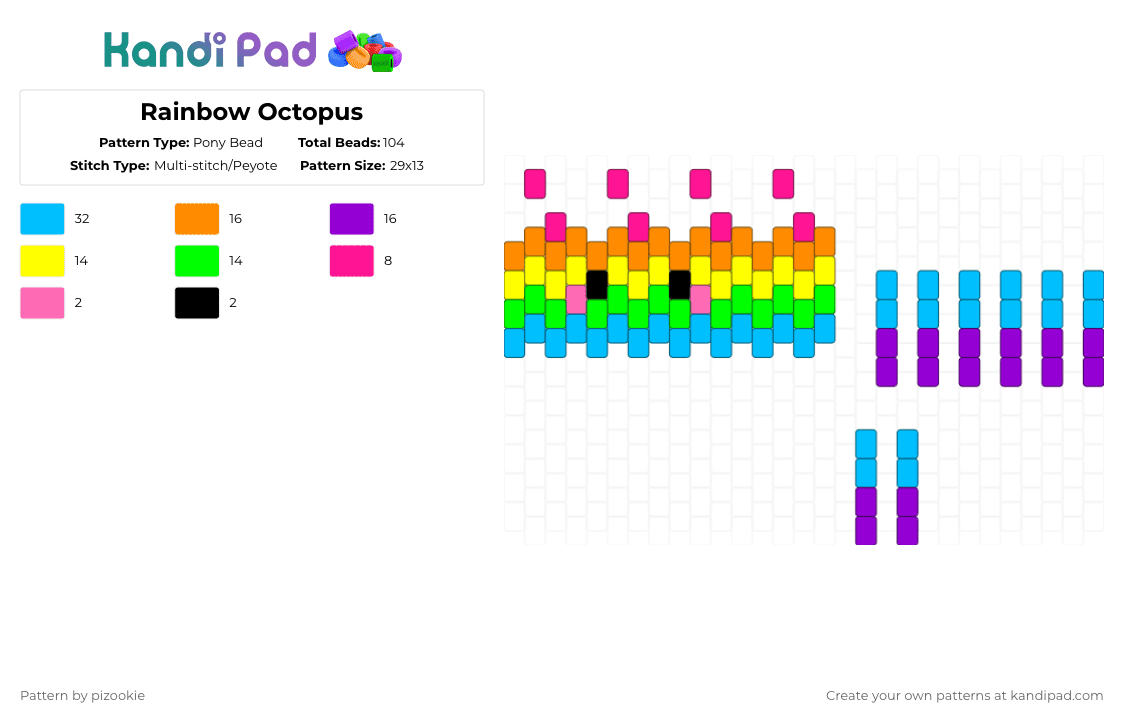 Rainbow Octopus - Pony Bead Pattern by pizookie on Kandi Pad - orange,light blue,purple,octopus,rainbow,multistitch,cute,animal