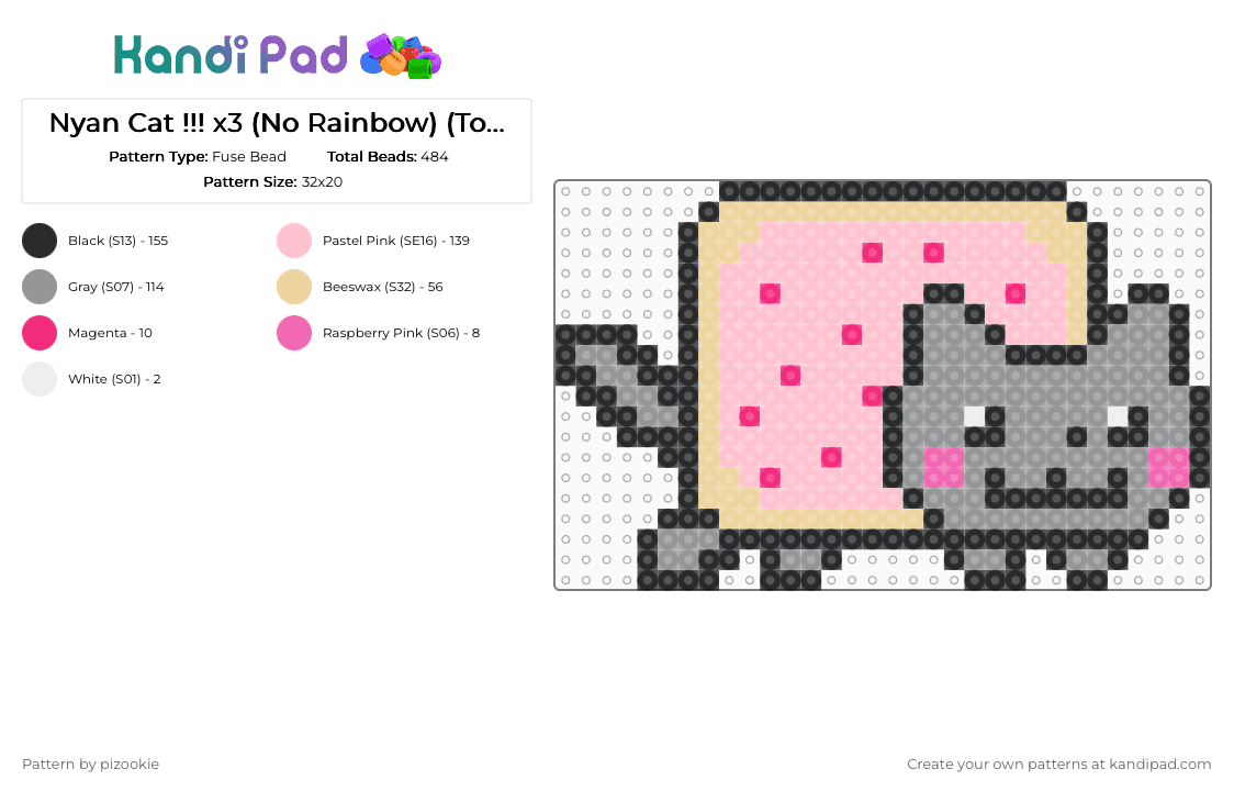 Nyan Cat !!! x3 (No Rainbow) (Top Tier) - Fuse Bead Pattern by pizookie on Kandi Pad - gray,pink,nyan cat,cat,memes,pop tart,scene,scenecore,scene kid,emo