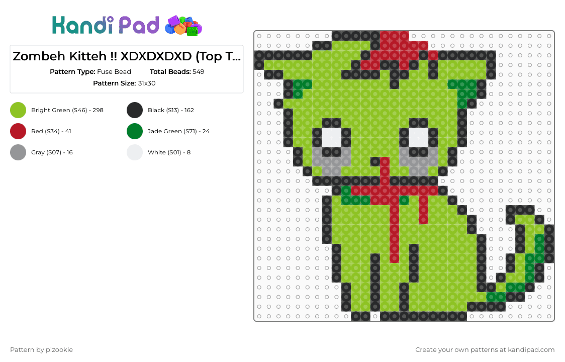 Zombeh Kitteh !! XDXDXDXD (Top Tier) - Fuse Bead Pattern by pizookie on Kandi Pad - scene,scenecore,scene kid,emo,zombie,kitty,cat,green