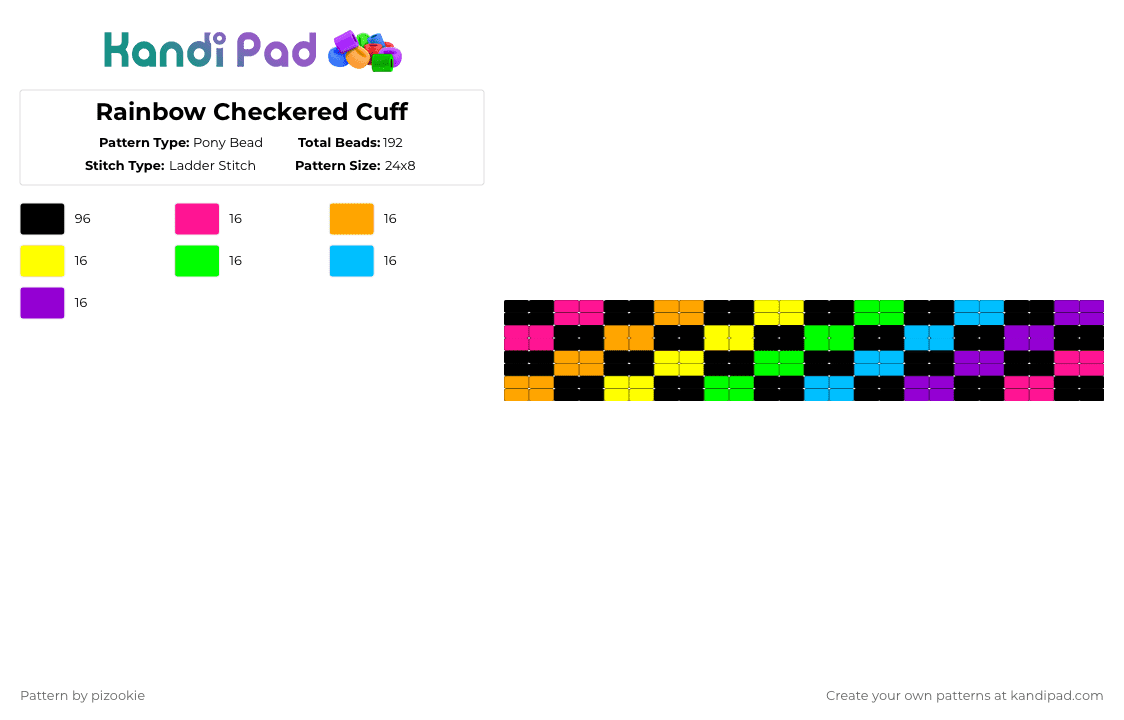Rainbow Checkered Cuff - Pony Bead Pattern by pizookie on Kandi Pad - black,orange,green,purple,colorful,rainbow,scene kid,scene,emo,ladder stitch,checkered,rawr xd