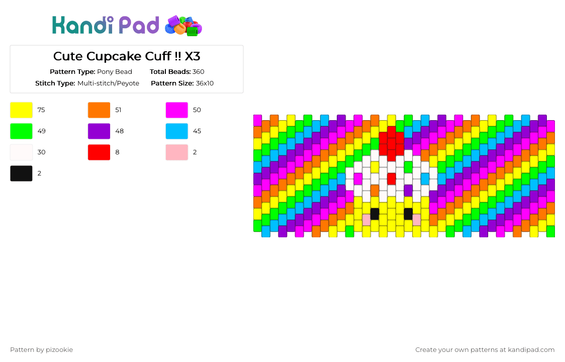 Cute Cupcake Cuff !! X3 - Pony Bead Pattern by pizookie on Kandi Pad - colorful, cotdcupcakes, cute, dessert, food, green, kawaii, light blue, orange, rainbow, silly, sweet