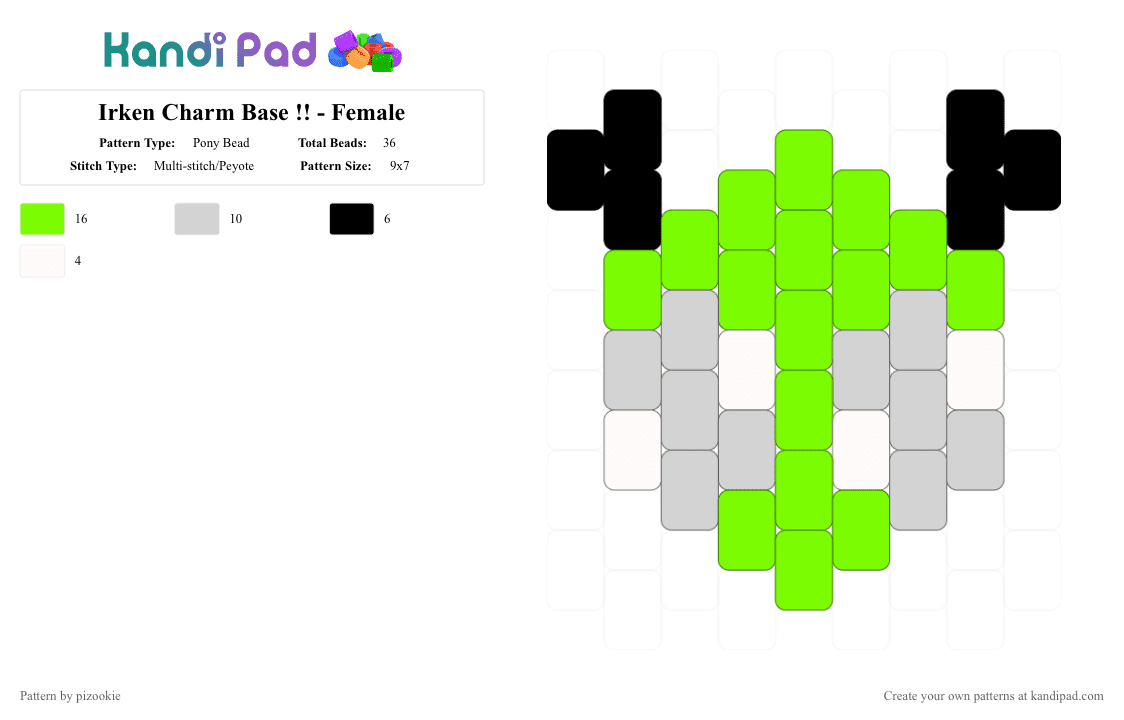 Irken Charm Base !! - Female - Pony Bead Pattern by pizookie on Kandi Pad - free to remix, free to use, green, invader zim, irken, oc, peyote stitch, remix, white