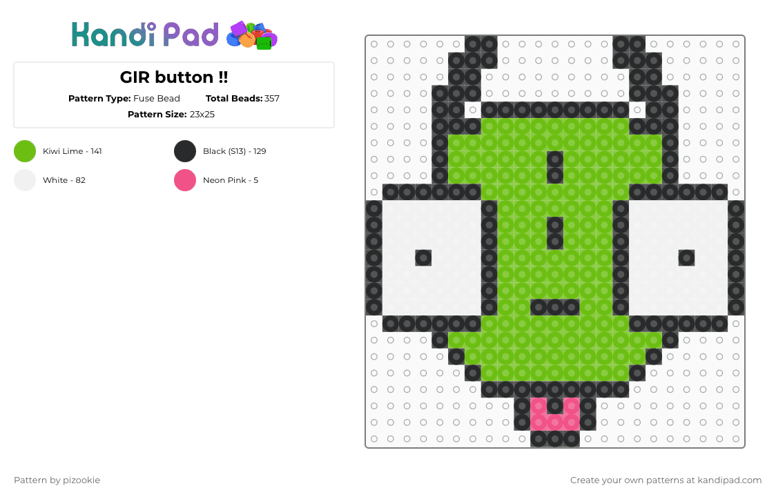 GIR button !! - Fuse Bead Pattern by pizookie on Kandi Pad - black, cotdbuttons, emo, gir, green, invader zim, scene, scene kid