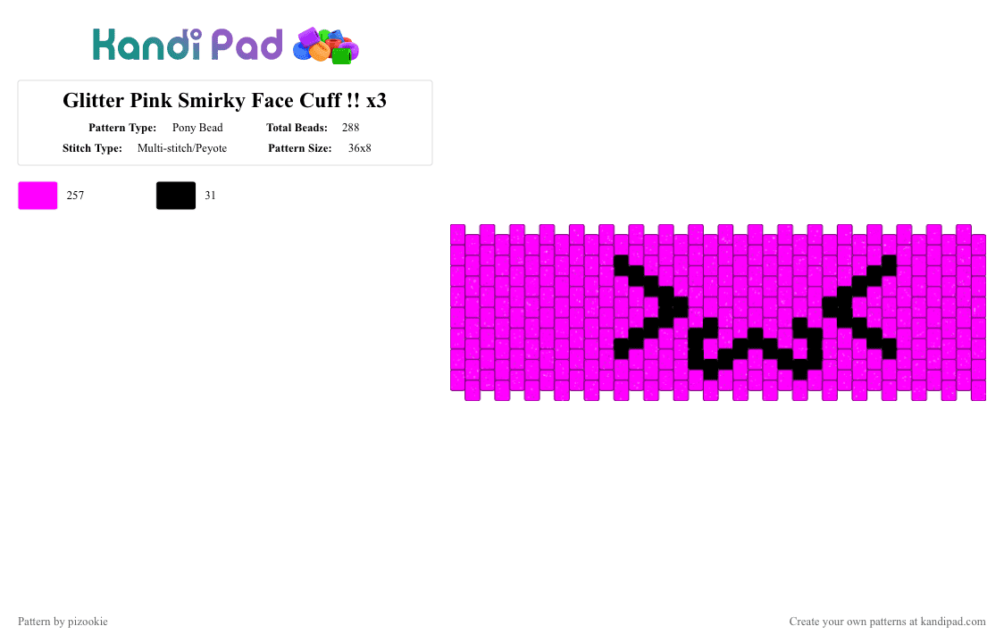 Glitter Pink Smirky Face Cuff !! x3 - Pony Bead Pattern by pizookie on Kandi Pad - pink,glitter,silly,scene,scenecore,scene kid,emo,colorful