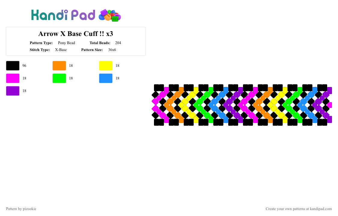 Arrow X Base Cuff !! x3 - Pony Bead Pattern by pizookie on Kandi Pad - black,yellow,green,purple,colorful,arrows,arrow,rainbow,scene,scenecore,emo,scene kid
