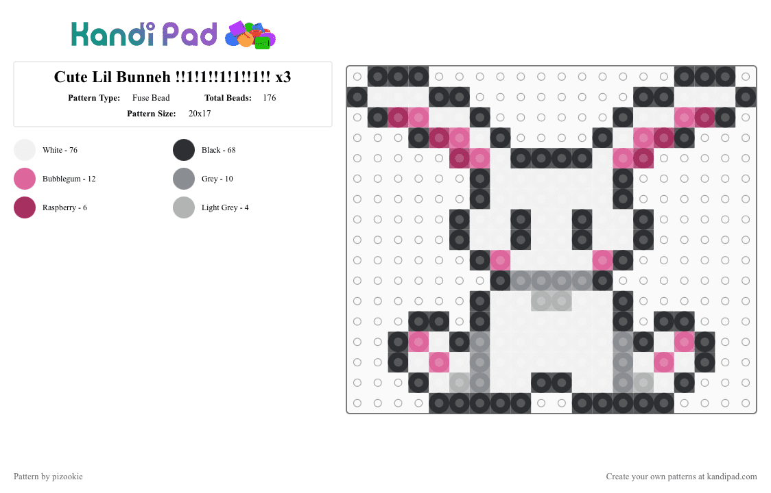 Cute Lil Bunneh !!1!1!!1!1!!1!! x3 - Fuse Bead Pattern by pizookie on Kandi Pad - white,pink,cotdadoptionevent,bunny,cute,kawaii,animals,pets,rabbit