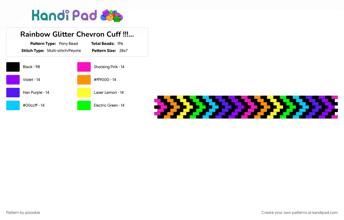 Rainbow Glitter Chevron Cuff !!! ^_^ - Pony Bead Pattern by pizookie on Kandi Pad - black, colorful, cotdchevrons, emo, glittery, neon, purple, scene, scene kid, scenecore
