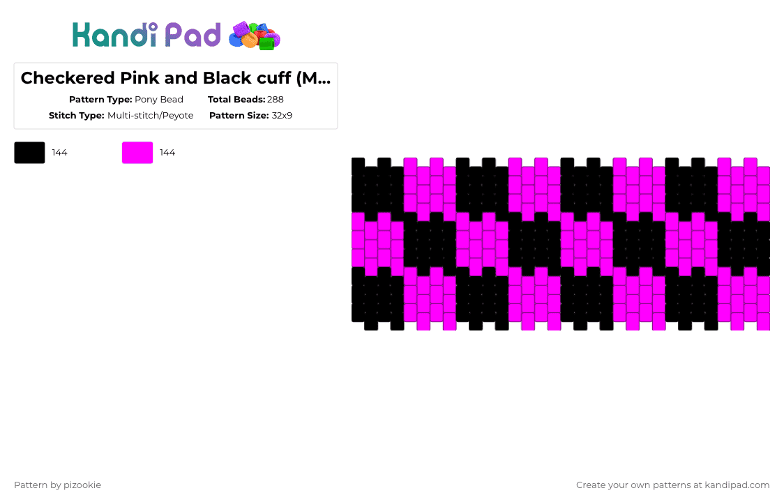 Checkered Pink and Black cuff (Multistitch) - Pony Bead Pattern by pizookie on Kandi Pad - black,pink,scene,scene kid,emo,scenecore,checkered,multistitch