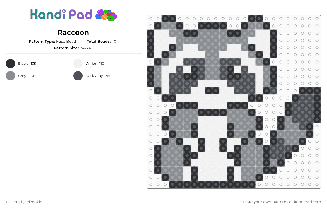 Raccoon - Fuse Bead Pattern by pizookie on Kandi Pad - gray,white,cotdraccoons,therian,raccoon,raccoons,grey,animals,charm