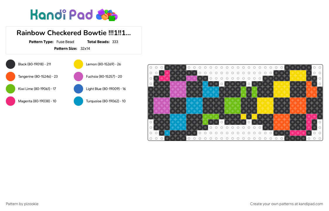 Rainbow Checkered Bowtie !!!1!!1!1!1! xD - Fuse Bead Pattern by pizookie on Kandi Pad - black, checkboard, colorful, emo, light blue, neon, orange, rainbow, scene, scene kid, scenecore