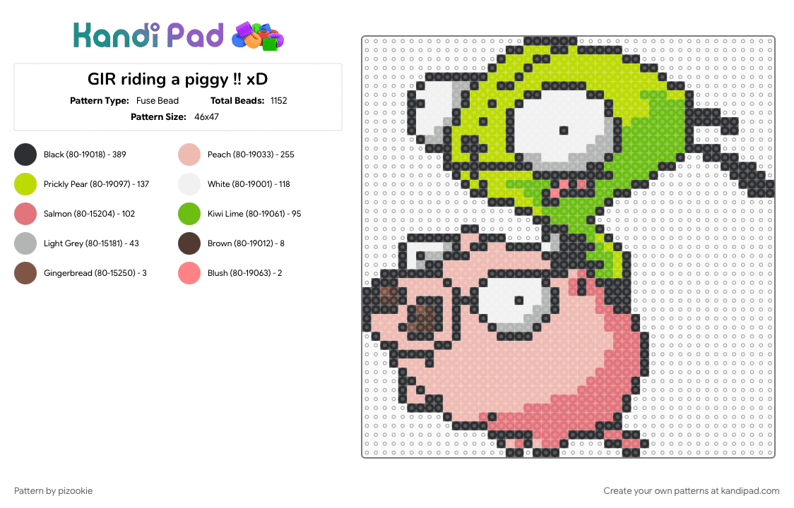 GIR riding a piggy !! xD - Fuse Bead Pattern by pizookie on Kandi Pad - beige, emo, gir, green, invader zim, jhonen vasquez, scene, scene kid, scenecore