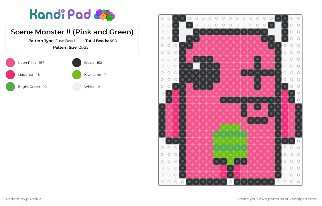 Scene Monster !! (Pink and Green) - Fuse Bead Pattern by pizookie on Kandi Pad - pink,green,scene,scenecore,emo,scene kid,monster,cute