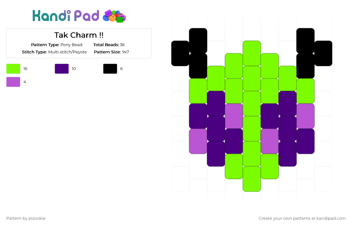 Tak Charm !! - Pony Bead Pattern by pizookie on Kandi Pad - emo, green, invader zim, irken, peyote stitch, purple, scene, scene kid, scenecore, tak