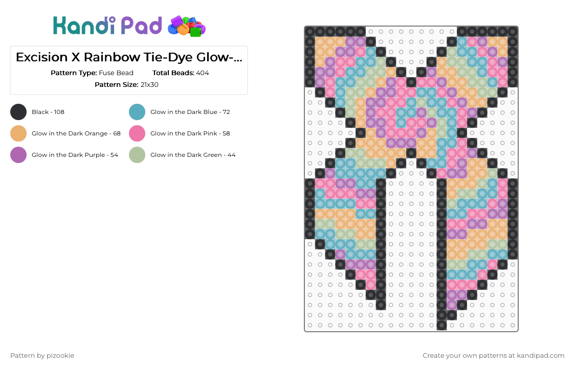 Excision X Rainbow Tie-Dye Glow-in-the-dark - Fuse Bead Pattern by pizookie on Kandi Pad - pink,light blue,rainbow,tie dye,excision,edm,music,x,glow,dubstep