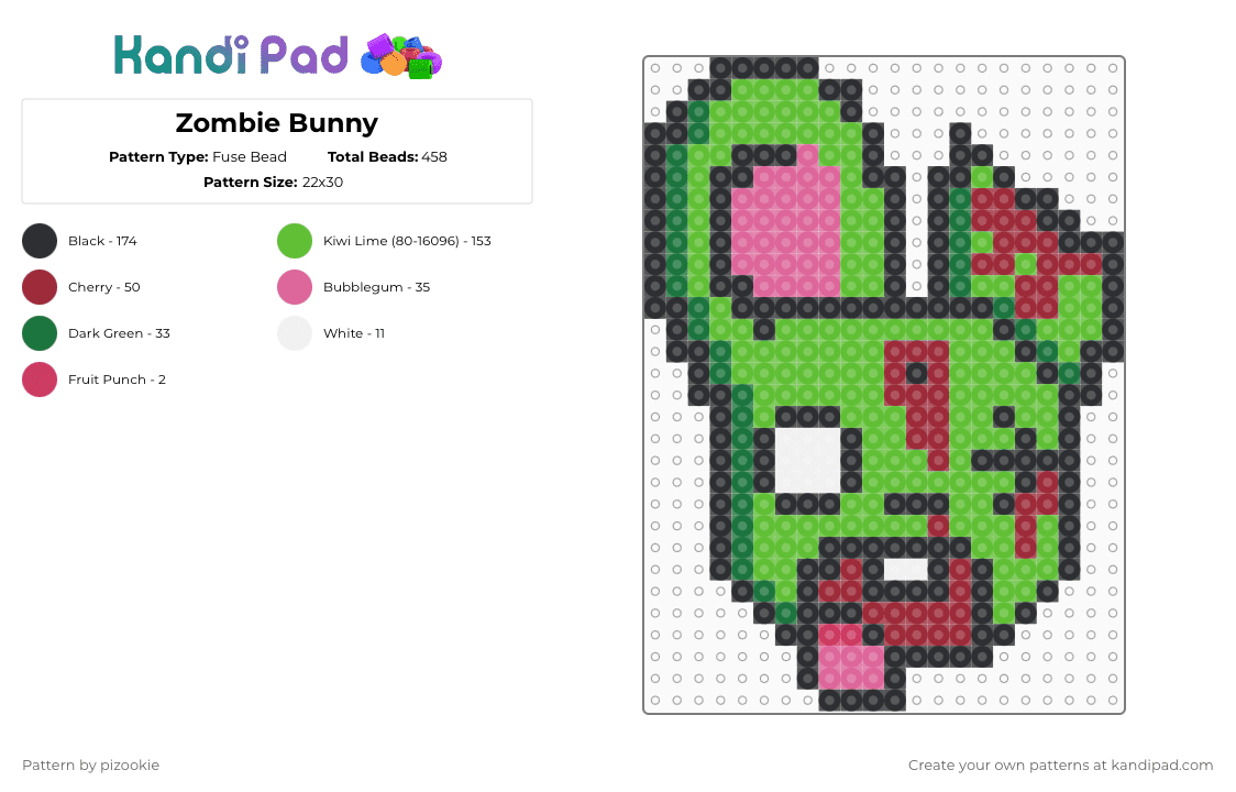 Zombie Bunny - Fuse Bead Pattern by pizookie on Kandi Pad - green,cotdcuteanimals,zombie,bunny,scene,emo,cute,bloody