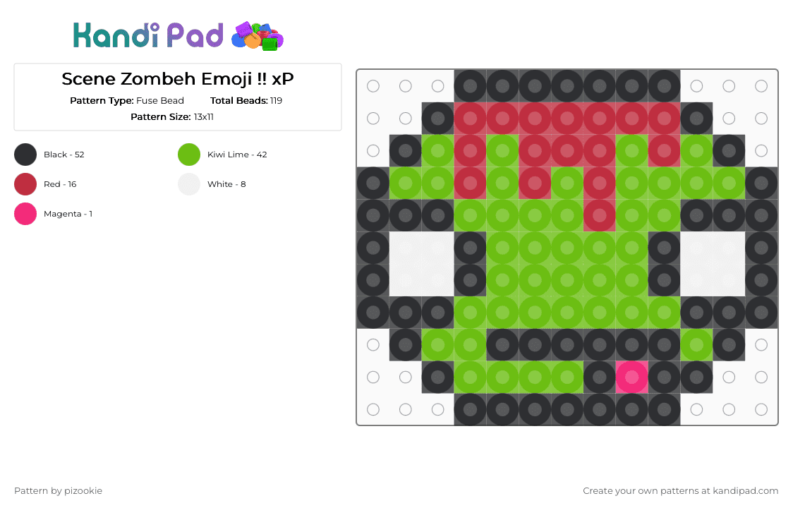 Scene Zombeh Emoji !! xP - Fuse Bead Pattern by pizookie on Kandi Pad - green,zombie,scene,emo,scene kid,scenecore,emoji,emote
