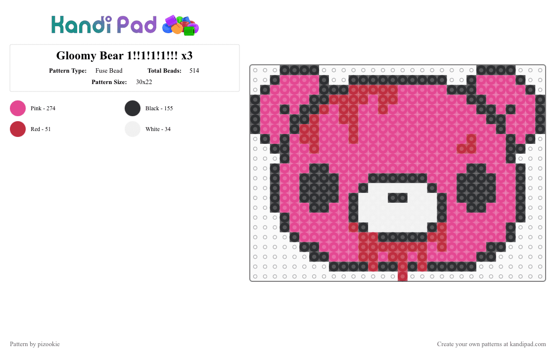 Gloomy Bear 1!!1!1!1!!! x3 - Fuse Bead Pattern by pizookie on Kandi Pad - pink,scene,scenecore,scene kid,emo,bloody,cutecore,cutegore