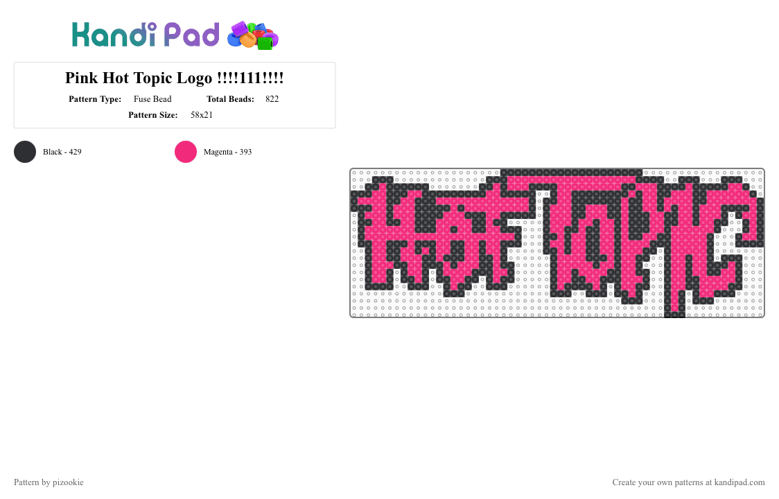 Pink Hot Topic Logo !!!!111!!!! - Fuse Bead Pattern by pizookie on Kandi Pad - black,pink,scene,emo,scenecore,2000s,y2k,scene kid,goth,alt