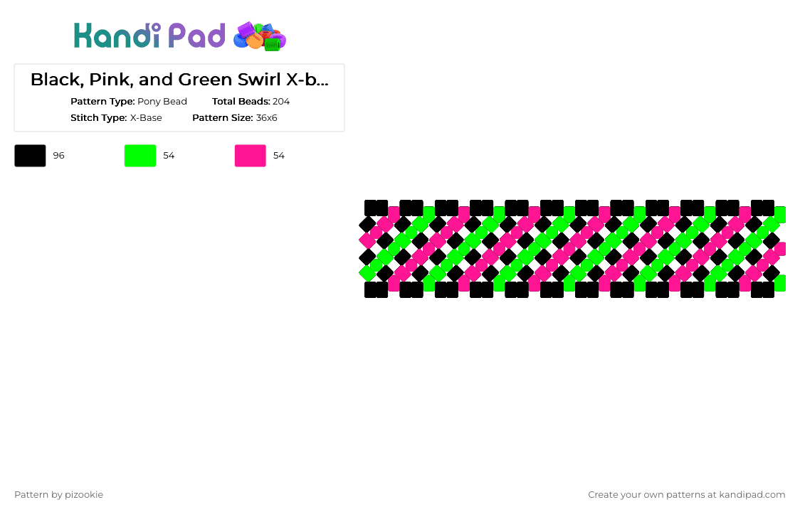 Black, Pink, and Green Swirl X-base Cuff !! - Pony Bead Pattern by pizookie on Kandi Pad - black, emo, green, pink, scene, scene kid, scenecore, swirl