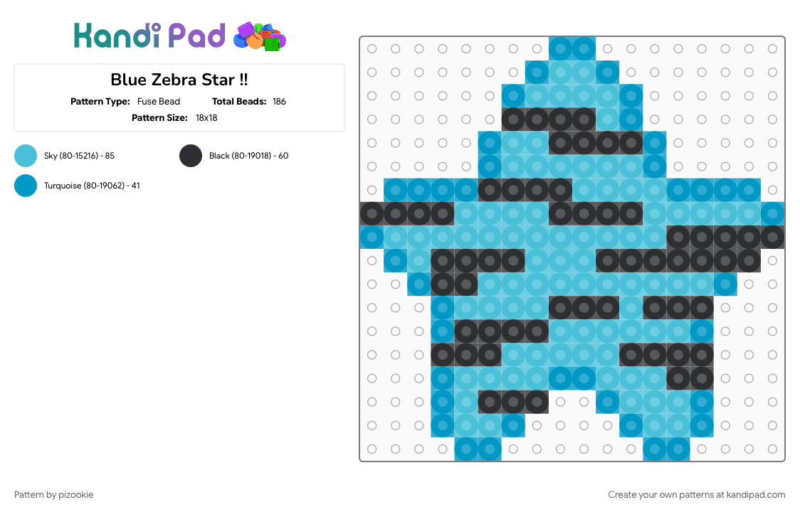 Blue Zebra Star !! - Fuse Bead Pattern by pizookie on Kandi Pad - 2000s, animal print, black, colorful, cotdscenekidfashion, emo, light blue, scene, scene kid, scenecore