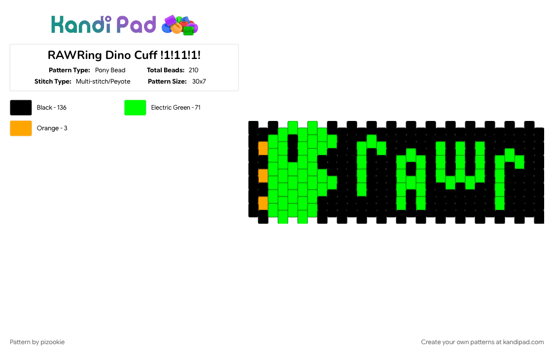 RAWRing Dino Cuff !1!11!1! - Pony Bead Pattern by pizookie on Kandi Pad - 2000s, black, cotddinosaurs, dino, dinosaur, emo, green, scene, scene kid, scenecore