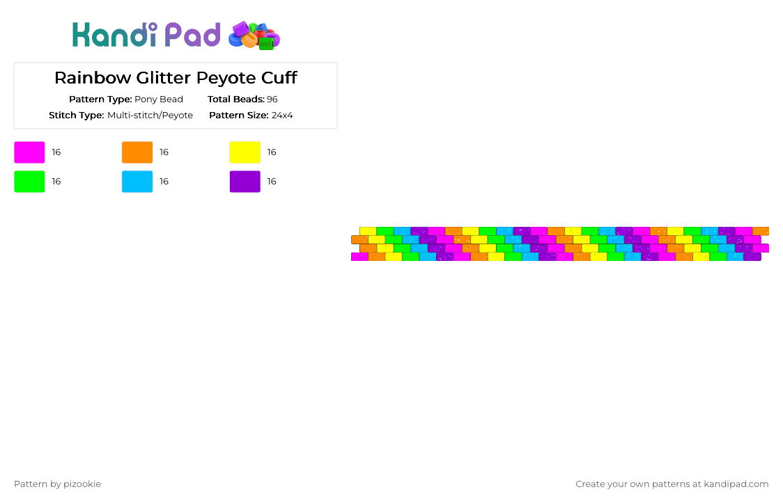 Rainbow Glitter Peyote Cuff - Pony Bead Pattern by pizookie on Kandi Pad - colorful, emo, glitter, green, orange, peyote stitch, purple, rainbow, scene, scene kid, scenecore