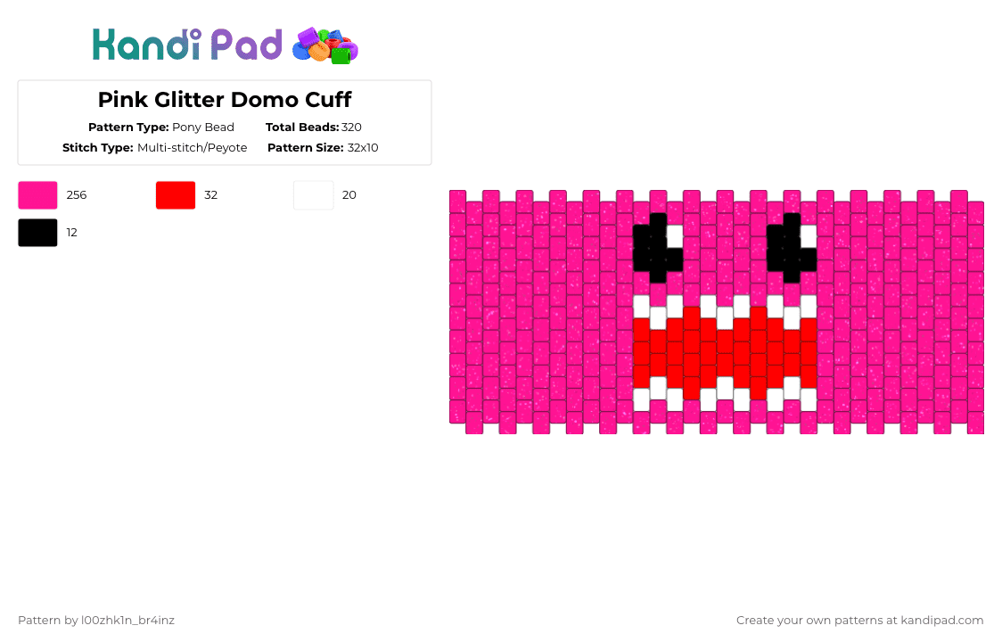 Pink Glitter Domo Cuff - Pony Bead Pattern by pizookie on Kandi Pad - pink,glitter,domo,scene,emo,scenemo,cuff,scenecore