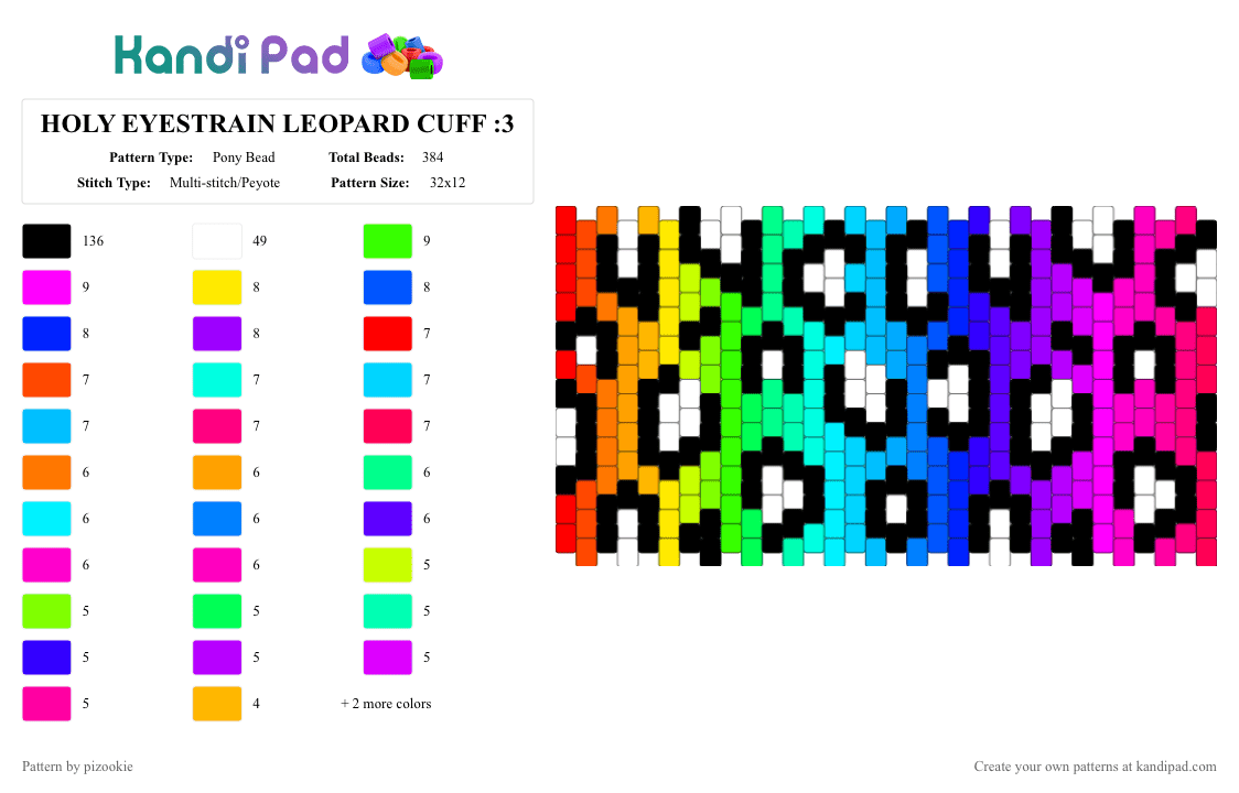 HOLY EYESTRAIN LEOPARD CUFF :3 - Pony Bead Pattern by pizookie on Kandi Pad - animal print, color spectrum, colorful, emo, purple, rainbow, scene, scene kid, scenecore, teal