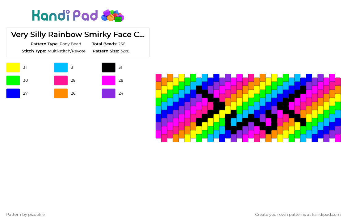Very Silly Rainbow Smirky Face Cuff !!!!1111!!!! - Pony Bead Pattern by pizookie on Kandi Pad - pink,purple,rainbow,scene,scene kid,scenecore,emo,neon,colorful,silly