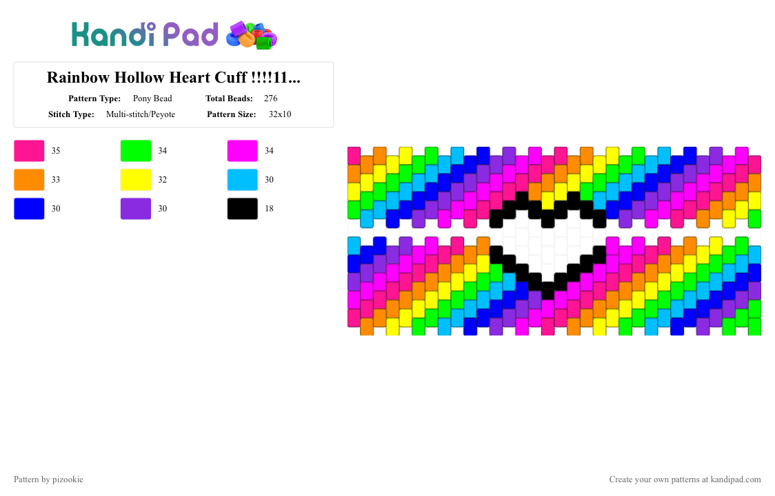 Rainbow Hollow Heart Cuff !!!!1111!!!! x3 - Pony Bead Pattern by pizookie on Kandi Pad - pink,purple,rainbow,neon,colorful,scene,scenecore,scene kid,emo,love