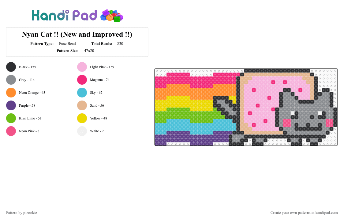 Nyan Cat !! (New and Improved !!) - Fuse Bead Pattern by pizookie on Kandi Pad - gray,pink,nyan cat,rainbow,memes,scene,scenecore,emo,scene kid,pop tart