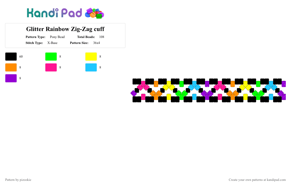 Glitter Rainbow Zig-Zag cuff - Pony Bead Pattern by pizookie on Kandi Pad - black,yellow,pink,purple,colorful,rainbow,glitter,scene,scenecore,emo,scene kid,zig zag