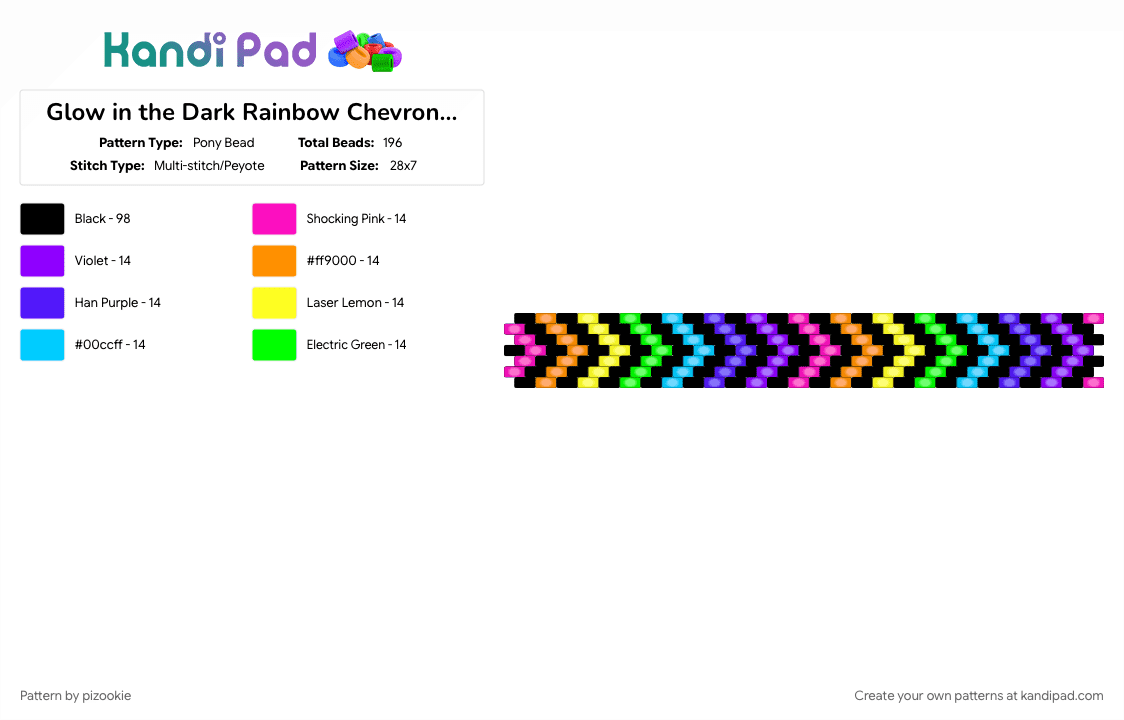 Glow in the Dark Rainbow Chevron Cuff !! - Pony Bead Pattern by pizookie on Kandi Pad - black, colorful, cotdchevrons, emo, glow, neon, purple, scene, scene kid, scenecore