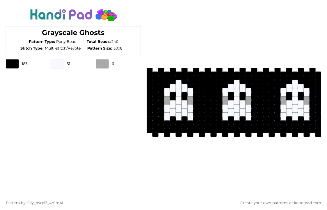 Grayscale Ghosts - Pony Bead Pattern by pizookie on Kandi Pad - black,white,cotdgrayscale,gray,ghost,ghosts