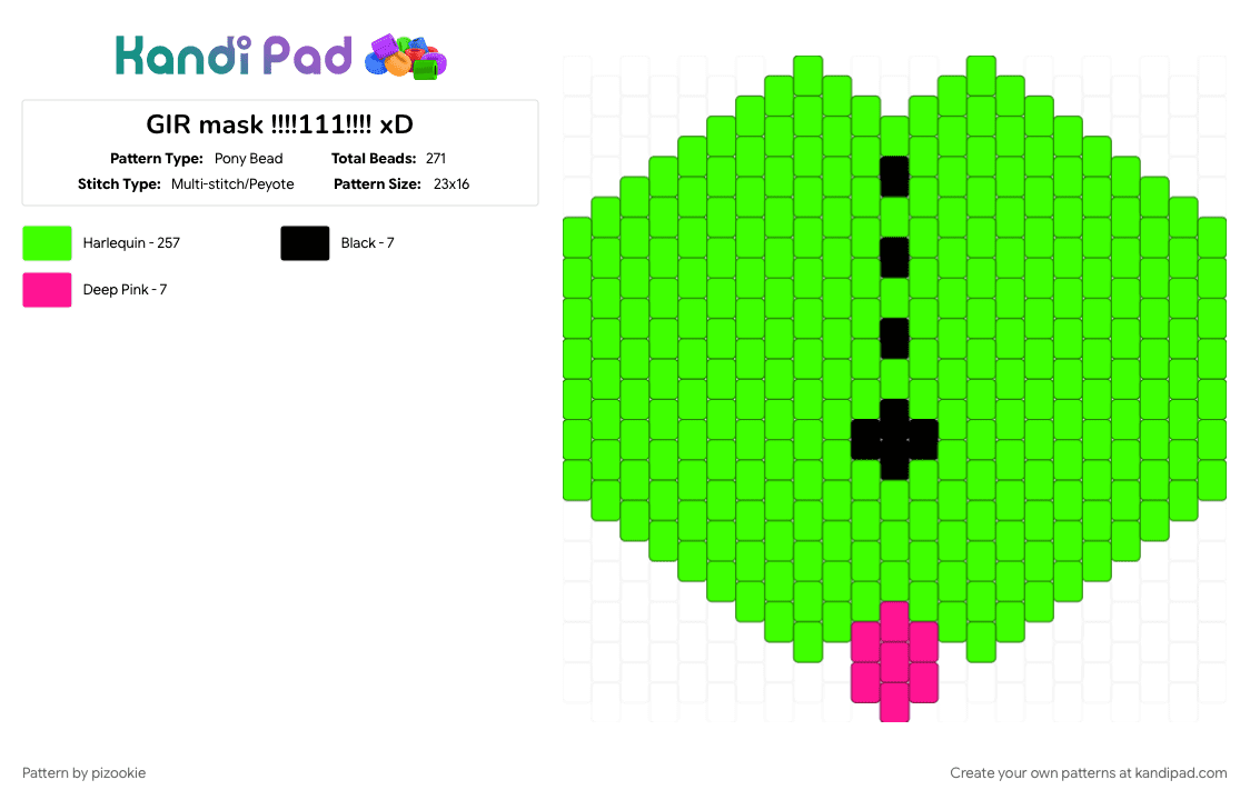 GIR mask !!!!111!!!! xD - Pony Bead Pattern by pizookie on Kandi Pad - emo, gir, green, invader zim, jhonen vasquez, scene, scene kid, scenecore, silly