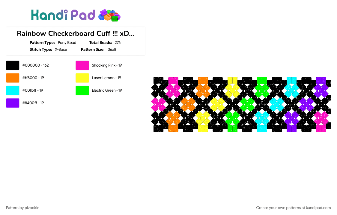 Rainbow Checkerboard Cuff !!! xD (Glitter) - Pony Bead Pattern by pizookie on Kandi Pad - black, colorful, cotdabstractpatterns, emo, glitter, light blue, neon, orange, purple, scene, scene kid, scenecore