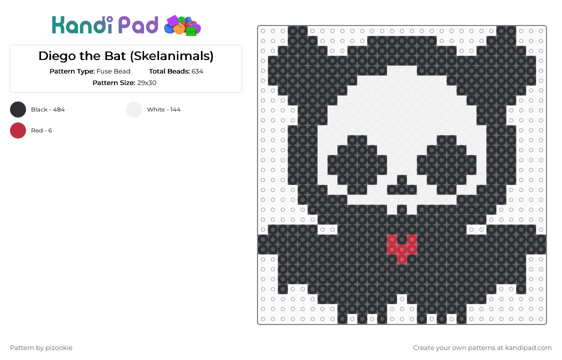 Diego the Bat (Skelanimals) - Fuse Bead Pattern by pizookie on Kandi Pad - black,white,skelanimals,cotdbats,emo,scene,scenecore,scene kid,bats,spooky