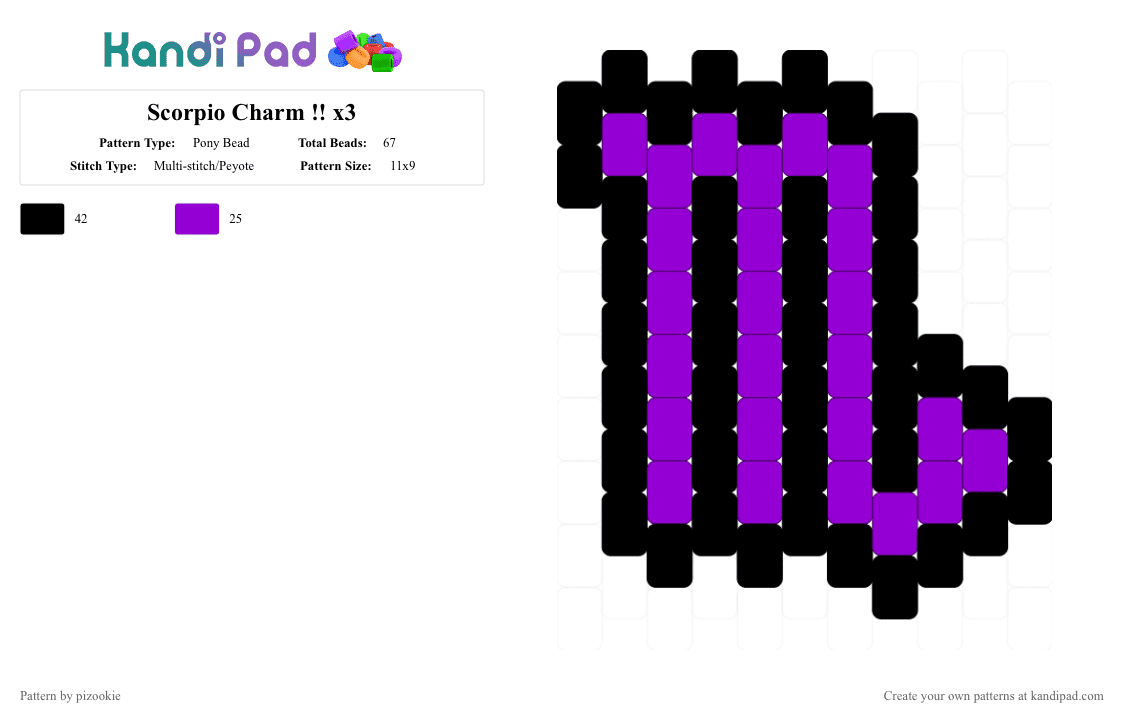 Scorpio Charm !! x3 - Pony Bead Pattern by pizookie on Kandi Pad - purple,black,cotdscorpions,scorpion,scorpio,zodiac signs,zodiac,peyote stitch,horoscope