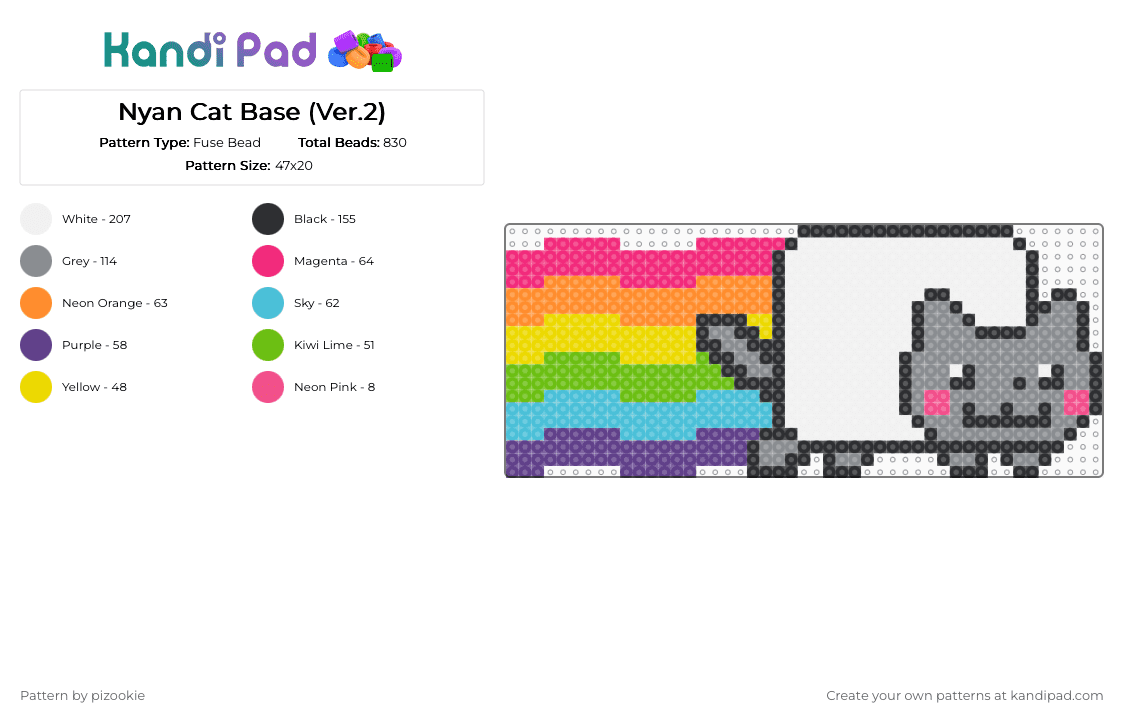 Nyan Cat Base (Ver.2) - Fuse Bead Pattern by pizookie on Kandi Pad - gray,pink,light blue,orange,rainbow,scene,emo,scenecore,scene kid,nyan cat,pop tart,memes